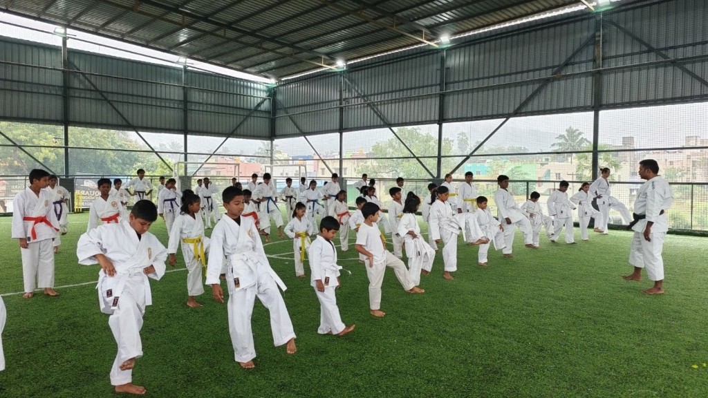 Large karate class practicing on turf
